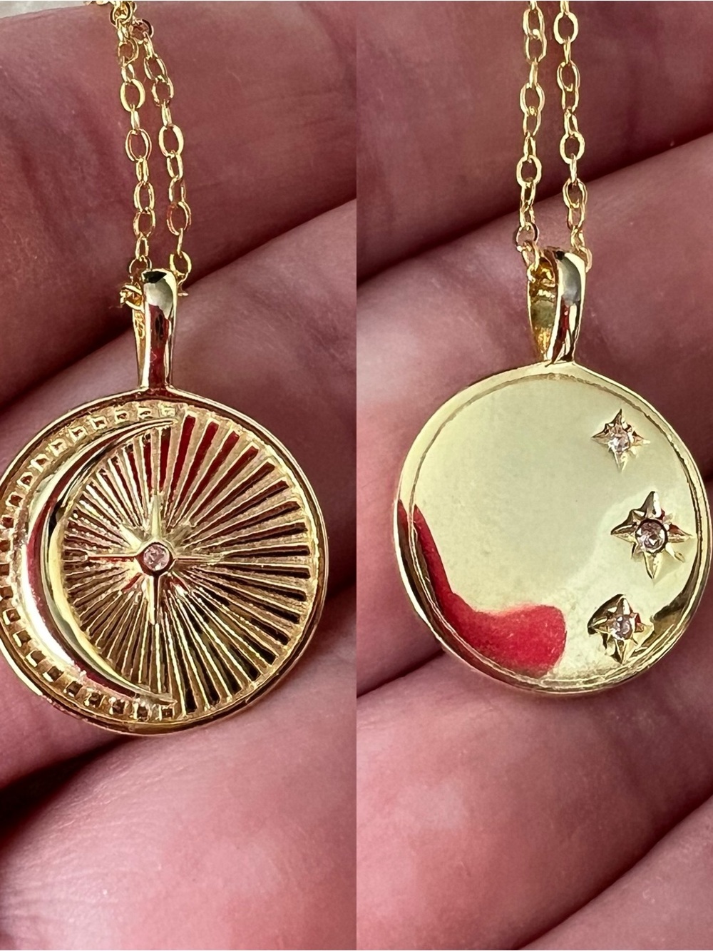 .925 sterling silver coated Gold Crescent moon Star double face Pendant Necklace